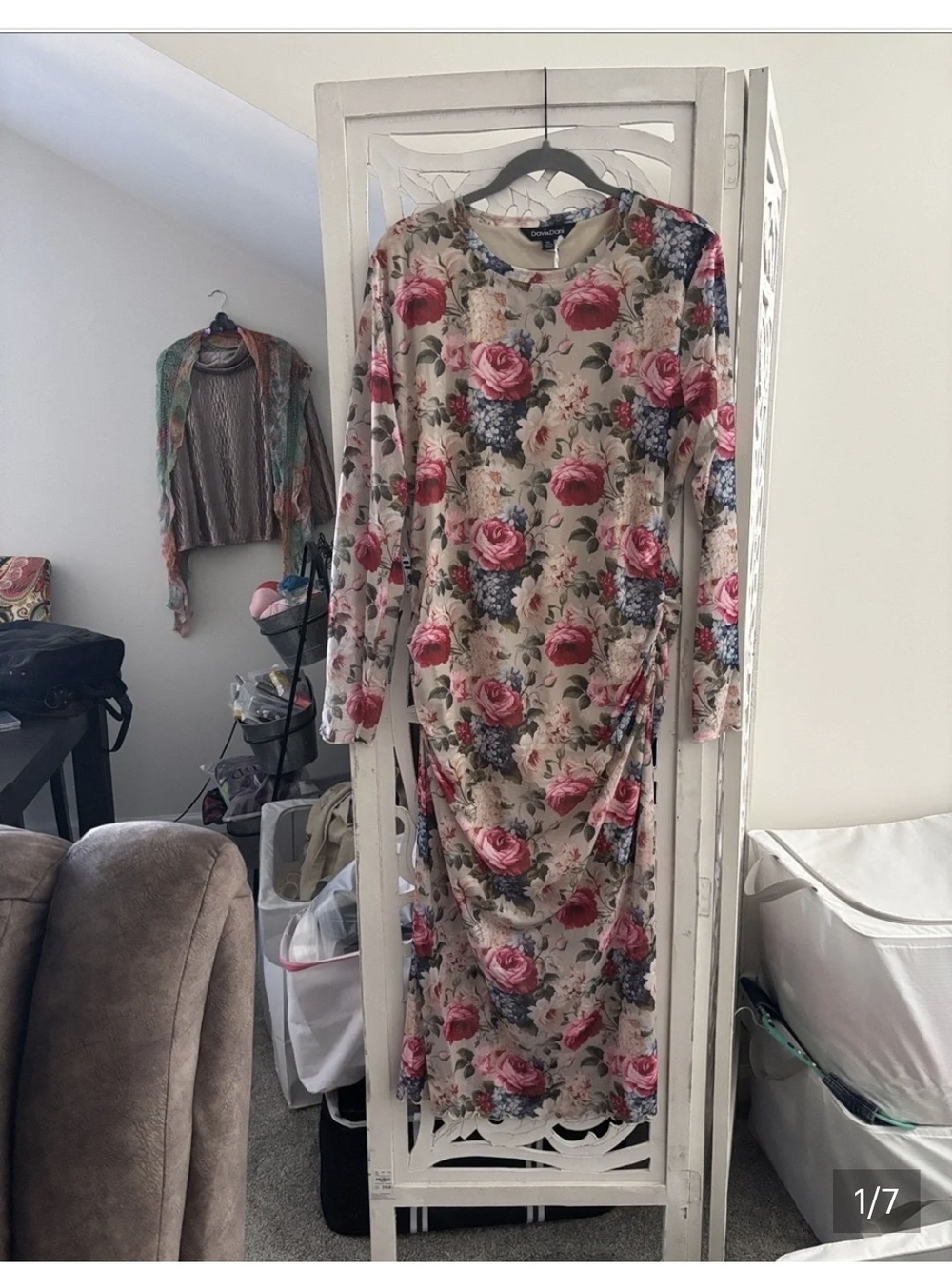 Long-Sleeve Floral Midi Dress in Blush Pink